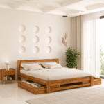 Elaris Sheesham Wood Bed with Hydraulic Storage in Honey Finish