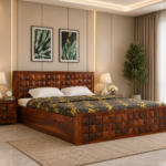 Jasper Sheesham Wood Storage Bed with Cushioned Headboard