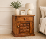 Modern Sheesham Wood Bedside Table with Drawer and Open Shelf in Natural Finish