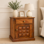 Modern Sheesham Wood Bedside Table with Drawer and Open Shelf in Natural Finish