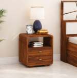 Solid Sheesham Wood Bedside Table with Storage Drawer in Natural Finish