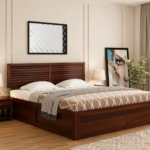 Valencia Sheesham Wood Bed with Hydraulic Storage in Scratch Resistant Provincial Teak Finish