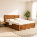 Zafiro Sheesham Wood Bed with Hydraulic Storage in Honey Oak Finish