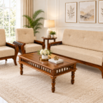 Bramwell Solid Sheesham Wood Three Seater Sofa Set with Cushions