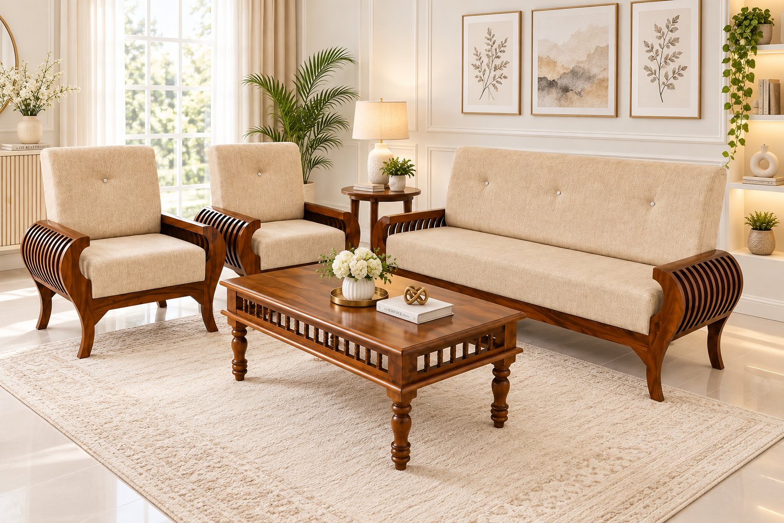 Bramwell Solid Sheesham Wood Three Seater Sofa Set with Cushions (1) Bramwell Solid Sheesham Wood Three Seater Sofa Set with Cushions - Image 1