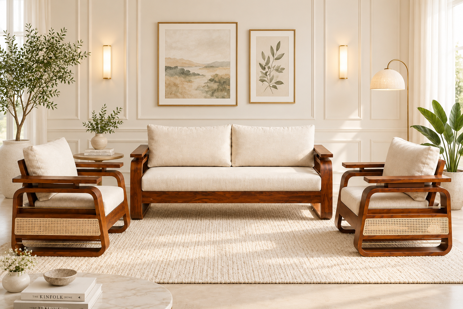 Everton Sheesham Wood Sofa Set with Wooden Armrest in Honey Finish (1) Everton Sheesham Wood Sofa Set with Wooden Armrest in Honey Finish - Image 1