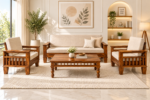 Sterling Sheesham Wood Sofa Set with Curved Armrest in Natural Finish