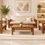 Sterling Sheesham Wood Sofa Set with Curved Armrest in Natural Finish