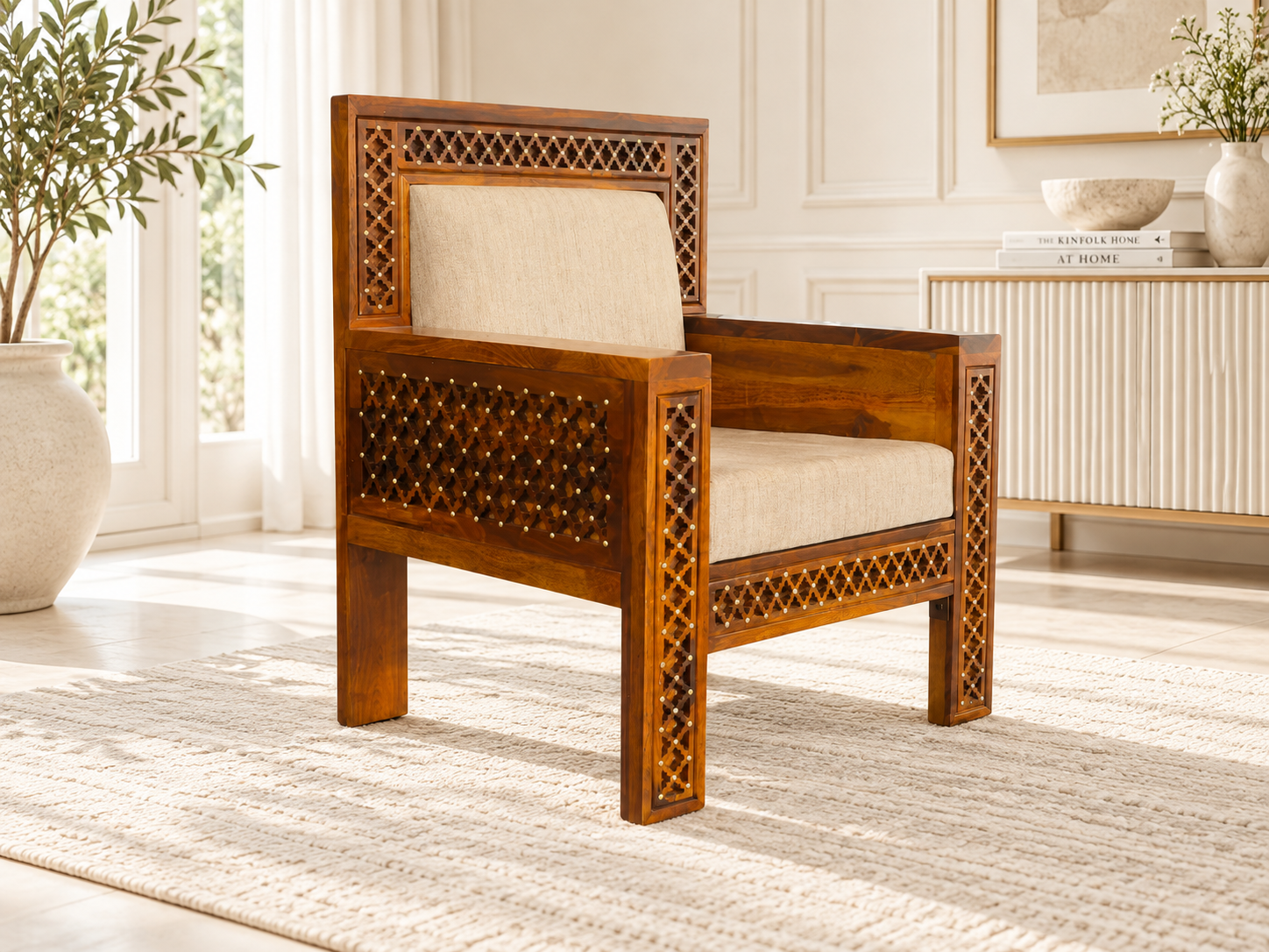 Warren Solid Sheesham Wood Single Seater Sofa with Wooden Frame (2) Warren Solid Sheesham Wood Single Seater Sofa with Wooden Frame - Image 1